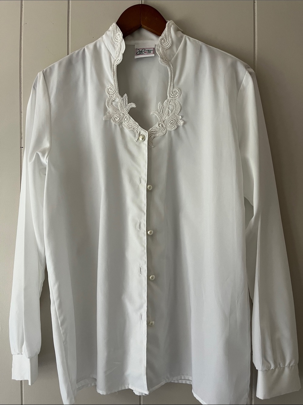 Haband White Womens Button-Up Blouse with Embroidered Scalloped Collar